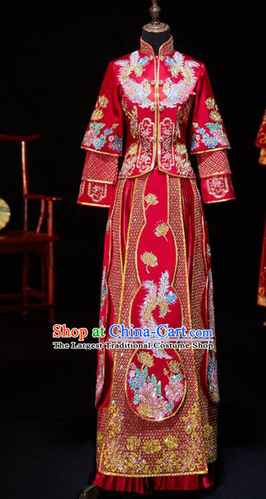 Chinese Ancient Bride Embroidered Diamante Phoenix Xiu He Suit Wedding Costumes Traditional Red Bottom Drawer for Women