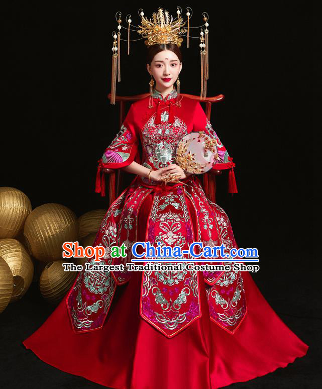 Chinese Ancient Wedding Embroidered Red Blouse and Dress Traditional Bride Xiu He Suit Costumes for Women