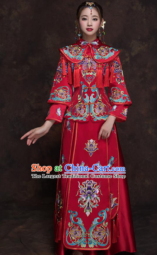 Chinese Ancient Wedding Embroidered Lotus Red Blouse and Dress Traditional Bride Xiu He Suit Costumes for Women