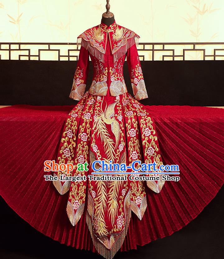 Chinese Ancient Bride Embroidered Phoenix Peony Blouse and Dress Xiu He Suit Wedding Costumes Traditional Red Bottom Drawer for Women