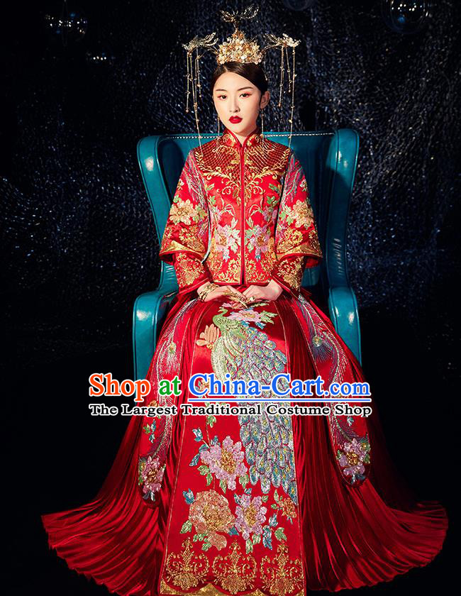 Chinese Ancient Wedding Embroidered Drilling Peacock Peony Red Blouse and Dress Traditional Bride Xiu He Suit Costumes for Women