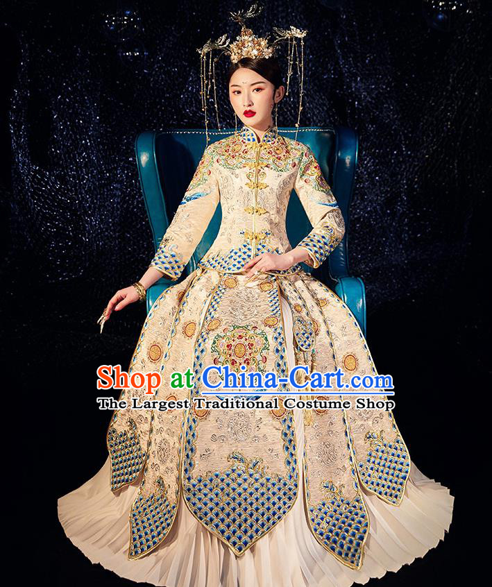 Chinese Ancient Wedding Embroidered Diamante Peony Golden Blouse and Dress Traditional Bride Xiu He Suit Costumes for Women