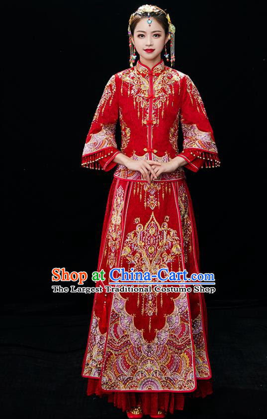 Chinese Ancient Bride Embroidered Blouse and Dress Diamante Xiu He Suit Wedding Costumes Traditional Red Bottom Drawer for Women