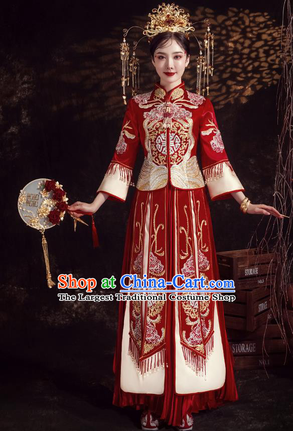 Chinese Ancient Bride Embroidered Diamante Peony Red Xiu He Suit Wedding Costumes Blouse and Dress Traditional Bottom Drawer for Women