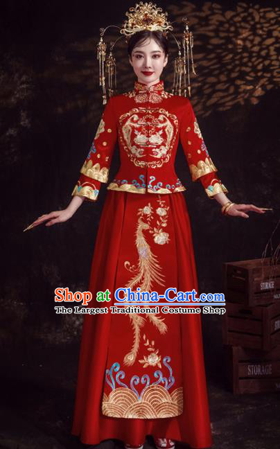 Chinese Ancient Bride Embroidered Phoenix Peony Red Xiu He Suit Wedding Costumes Blouse and Dress Traditional Bottom Drawer for Women