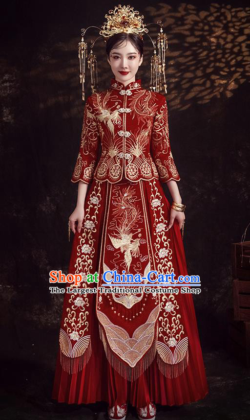 Chinese Ancient Bride Embroidered Phoenix Peony Wine Red Xiu He Suit Wedding Costumes Blouse and Dress Traditional Bottom Drawer for Women