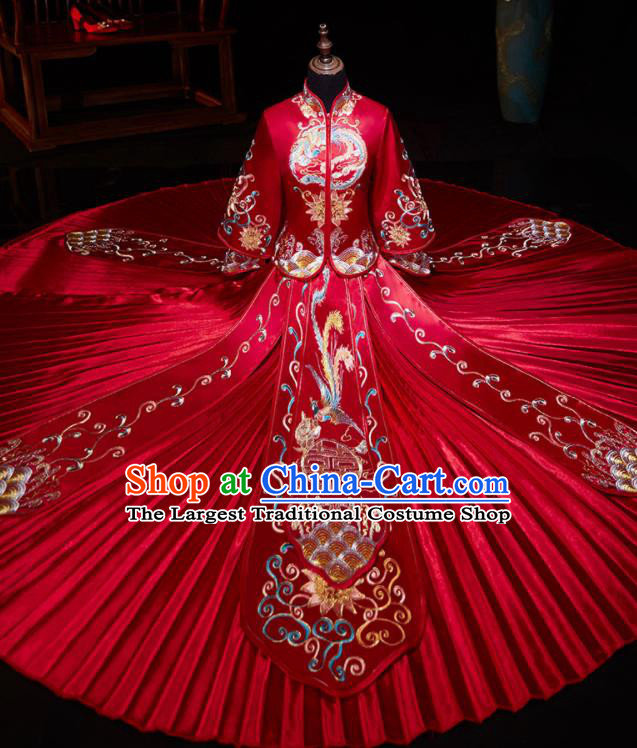 Chinese Ancient Bride Embroidered Phoenix Peony Red Blouse and Dress Traditional Red Xiu He Suit Wedding Costumes for Women