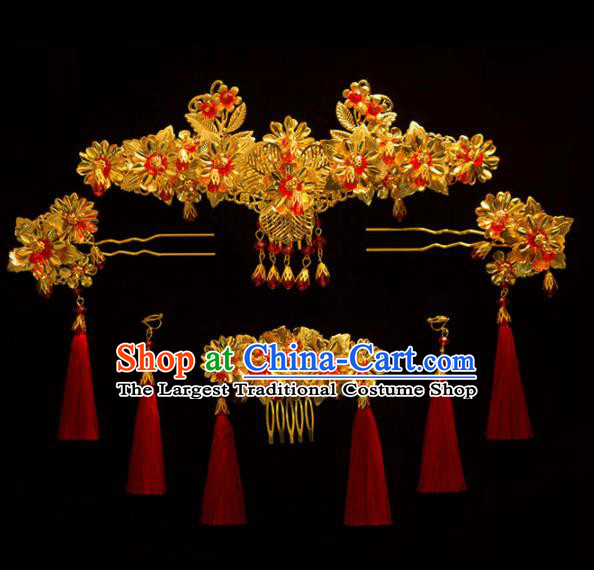 Chinese Ancient Bride Golden Hair Comb Hairpins Traditional Wedding Hair Accessories for Women