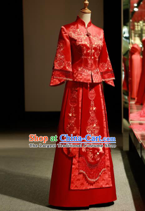 Chinese Ancient Wedding Embroidered Peony Red Blouse and Dress Traditional Bride Xiu He Suit Costumes for Women