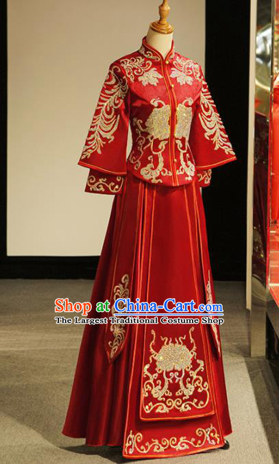 Chinese Ancient Wedding Embroidered Diamante Peony Red Blouse and Dress Traditional Bride Xiu He Suit Costumes for Women