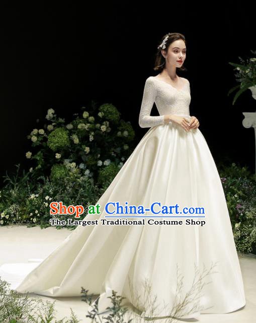 Custom Top Grade White Satin Wedding Dress Bride Trailing Full Dress for Women