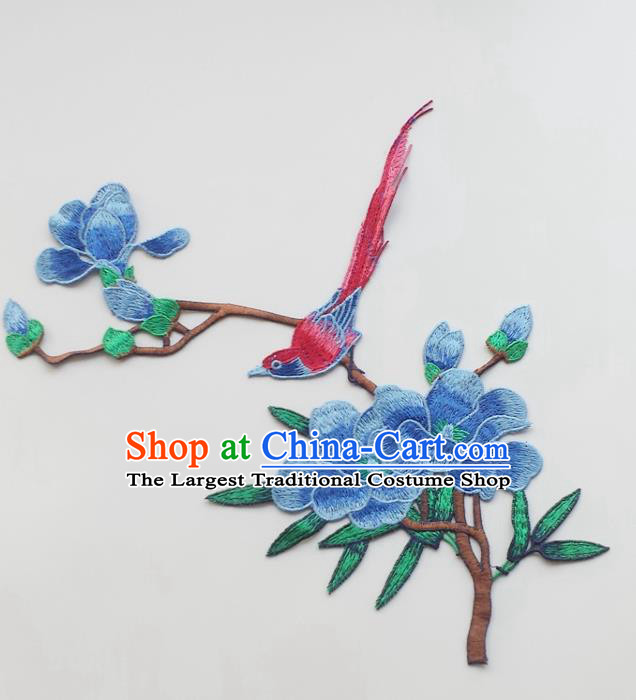 Chinese Traditional Embroidery Blue Yulan Magnolia Bird Applique Embroidered Patches Embroidering Cloth Accessories