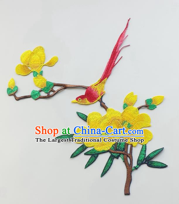 Chinese Traditional Embroidery Yellow Yulan Magnolia Bird Applique Embroidered Patches Embroidering Cloth Accessories