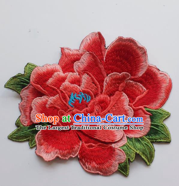 Chinese Traditional Embroidery Light Red Peony Flowers Applique Embroidered Patches Embroidering Cloth Accessories