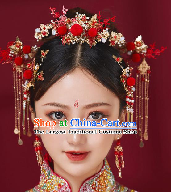 Chinese Ancient Bride Red Venonat Phoenix Coronet Hairpins Traditional Wedding Xiu He Hair Accessories Complete Set for Women