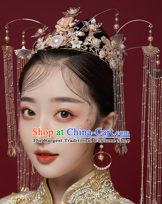 Chinese Ancient Bride Tassel Phoenix Coronet Hairpins Traditional Wedding Xiu He Hair Accessories Complete Set for Women