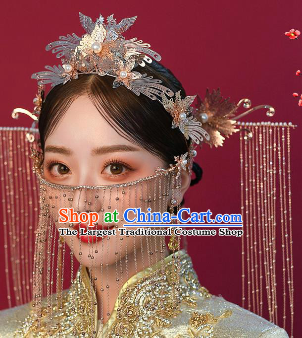 Chinese Ancient Bride Phoenix Coronet Tassel Hairpins Traditional Wedding Xiu He Hair Accessories Complete Set for Women