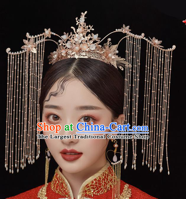 Chinese Ancient Bride Tassel Phoenix Coronet Hairpins Traditional Wedding Xiu He Hair Accessories Complete Set for Women