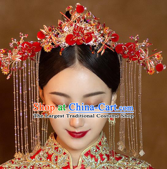 Chinese Ancient Bride Red Venonat Hair Crown Hairpins Traditional Wedding Xiu He Hair Accessories Complete Set for Women