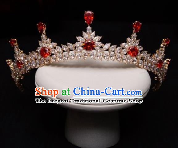 Handmade Wedding Red Crystal Zircon Royal Crown Princess Bride Hair Accessories for Women