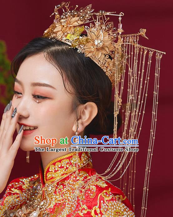 Chinese Ancient Bride Golden Tassel Phoenix Coronet Hairpins Traditional Wedding Xiu He Hair Accessories Complete Set for Women