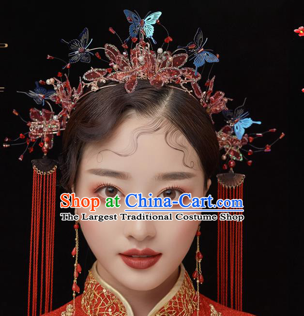 Chinese Ancient Bride Hair Crown Tassel Hairpins Traditional Wedding Xiu He Hair Accessories Complete Set for Women