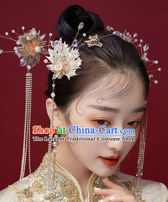 Chinese Ancient Bride Golden Leaf Tassel Hairpins Traditional Wedding Xiu He Hair Accessories Complete Set for Women