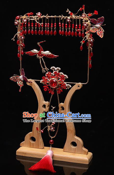 Chinese Ancient Bride Prop Red Crane Palace Fans Traditional Wedding Xiu He Accessories Round Fan for Women