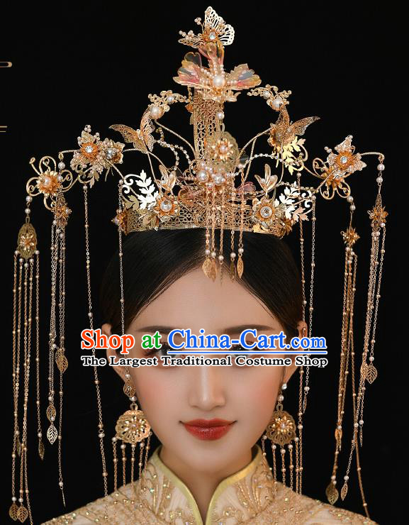 Chinese Ancient Bride Tassel Hairpins Golden Pearls Phoenix Coronet Traditional Wedding Xiu He Hair Accessories Complete Set for Women