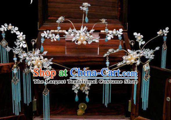 Chinese Ancient Bride Blue Tassel Hairpins Traditional Wedding Xiu He Hair Accessories Complete Set for Women