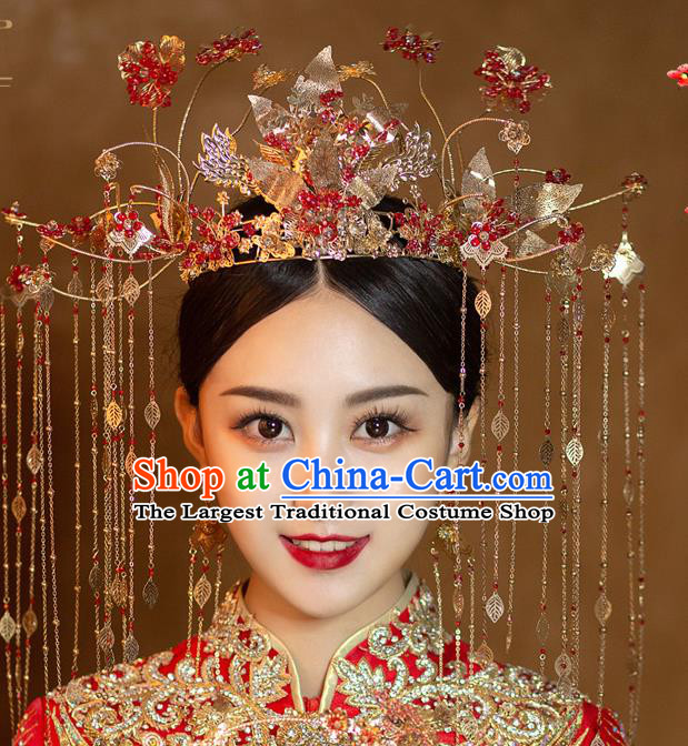 Chinese Ancient Bride Red Beads Phoenix Coronet Tassel Hairpins Traditional Wedding Xiu He Hair Accessories Complete Set for Women