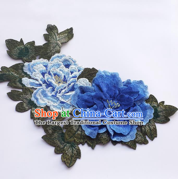 Traditional Chinese Embroidery Blue Stereo Peony Applique Embroidered Patches Embroidering Cloth Accessories