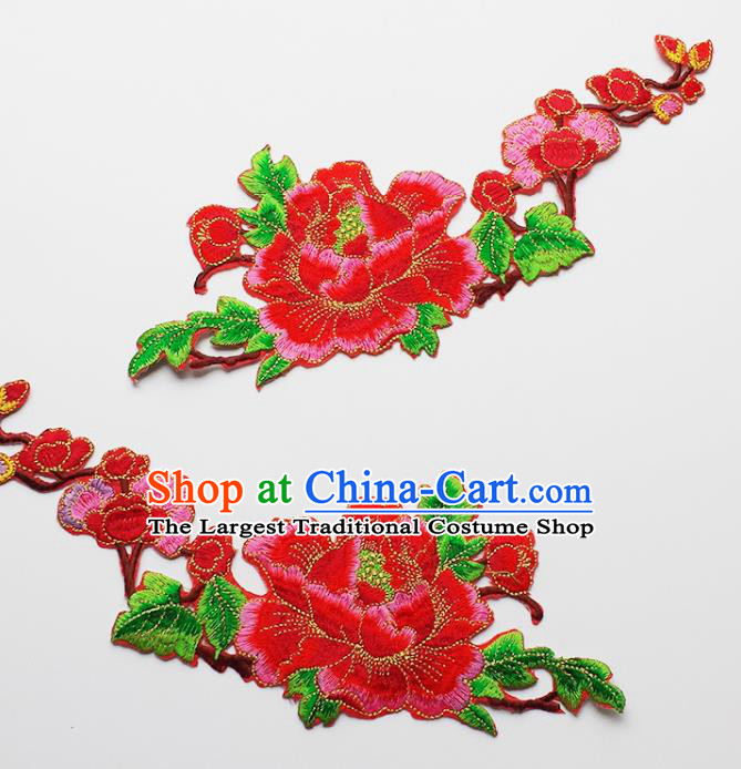 Traditional Chinese National Embroidery Red Peony Applique Embroidered Patches Embroidering Cloth Accessories