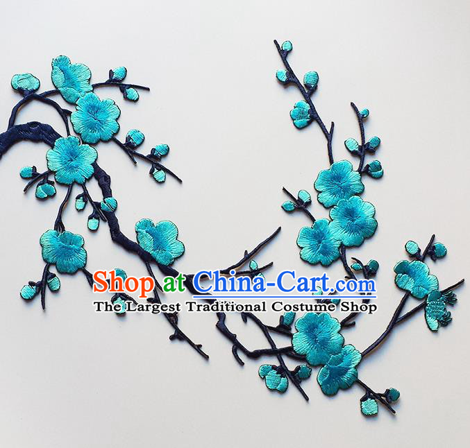 Traditional Chinese National Embroidery Lake Blue Plum Flowers Applique Embroidered Patches Embroidering Cloth Accessories