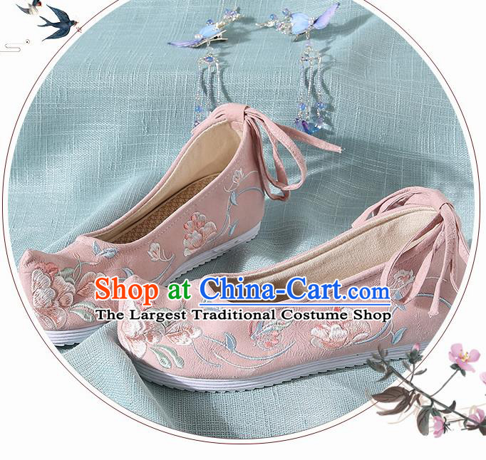 Chinese Handmade Embroidered Flowers Pink Cloth Bow Shoes Traditional Ming Dynasty Hanfu Shoes Princess Shoes for Women