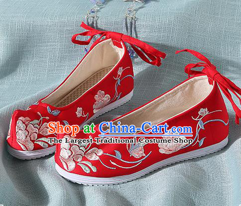 Chinese Handmade Embroidered Flowers Red Cloth Bow Shoes Traditional Ming Dynasty Hanfu Shoes Princess Shoes for Women