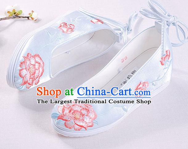 Chinese Handmade Opera Embroidered Peony Light Blue Shoes Traditional Hanfu Shoes National Shoes for Women