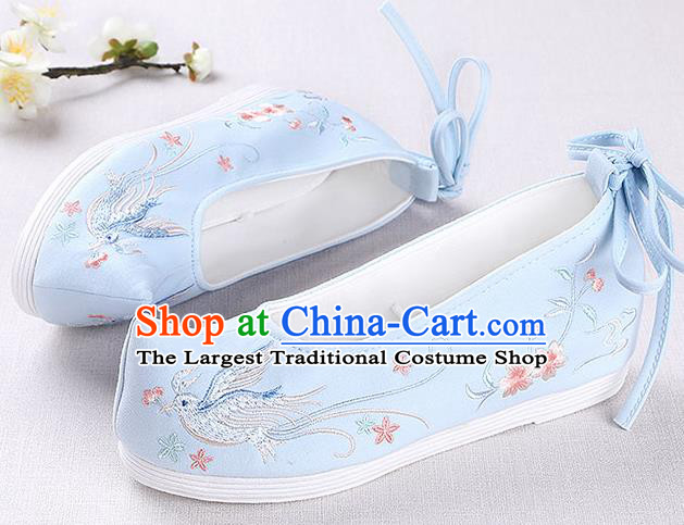 Chinese Handmade Opera Embroidered Pentas Bird Blue Shoes Traditional Hanfu Shoes National Shoes for Women