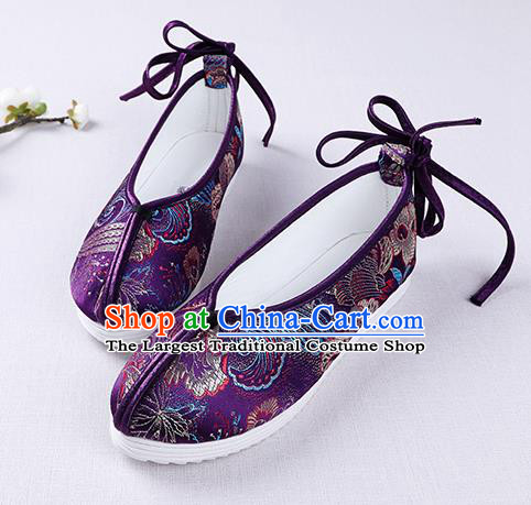 Chinese Handmade Opera Embroidered Purple Brocade Shoes Traditional Hanfu Shoes National Shoes for Women