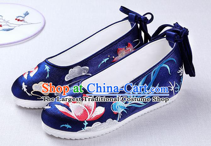 Chinese Handmade Opera Embroidered Lotus Goldfish Royalblue Shoes Traditional Hanfu Shoes National Shoes for Women