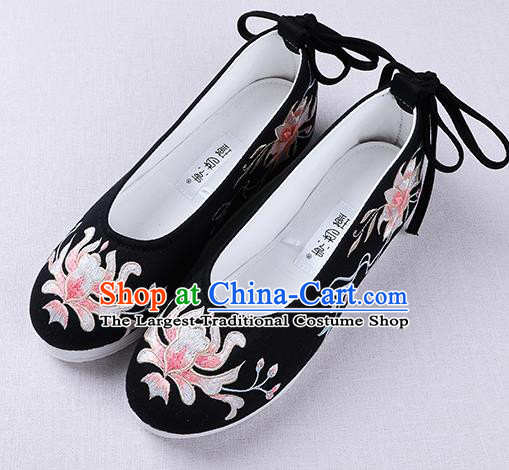 Chinese Handmade Embroidered Flower Black Opera Shoes Traditional Hanfu Shoes National Shoes for Women