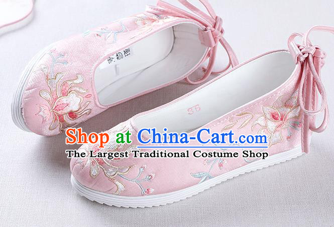 Chinese Handmade Embroidered Flower Pink Opera Shoes Traditional Hanfu Shoes National Shoes for Women