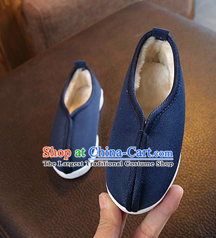 Chinese Handmade Navy Linen Shoes Traditional Monk Shoes National Shoes for Kids