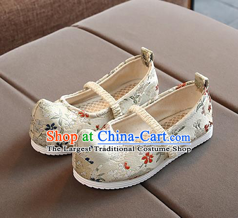 Chinese Handmade White Brocade Shoes Traditional Hanfu Shoes National Shoes for Kids