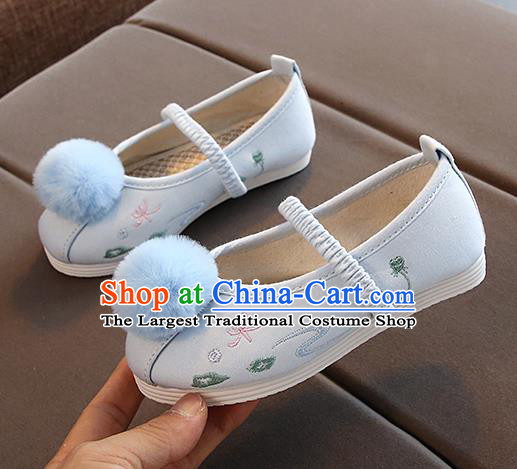 Chinese Handmade Light Blue Embroidered Shoes Traditional New Year Hanfu Shoes National Shoes for Kids