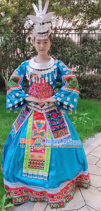 Chinese Traditional Miao Nationality Embroidered Blue Costume Ethnic Folk Dance Dress for Women