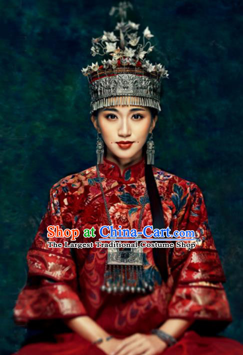 Chinese Traditional Handmade Miao Nationality Bride Hat Ethnic Wedding Hair Accessories for Women