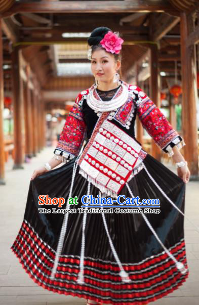 Chinese Traditional Miao Nationality Embroidered Costume Ethnic Folk Dance Black Dress for Women