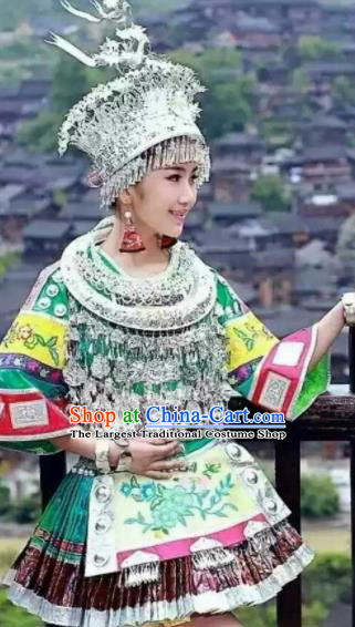 Chinese Traditional Miao Nationality Embroidered Green Dress Ethnic Folk Dance Costume and Headwear for Women