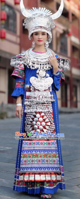 Chinese Traditional Miao Nationality Wedding Embroidered Royalblue Dress and Headpiece Ethnic Folk Dance Costume for Women